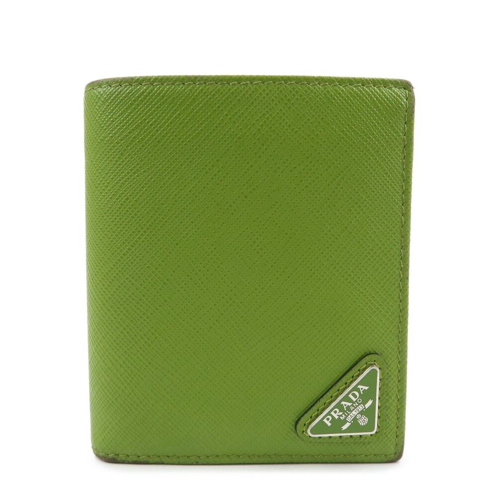 Prada Triangle Logo Saffiano Leather Compact Wallet Green